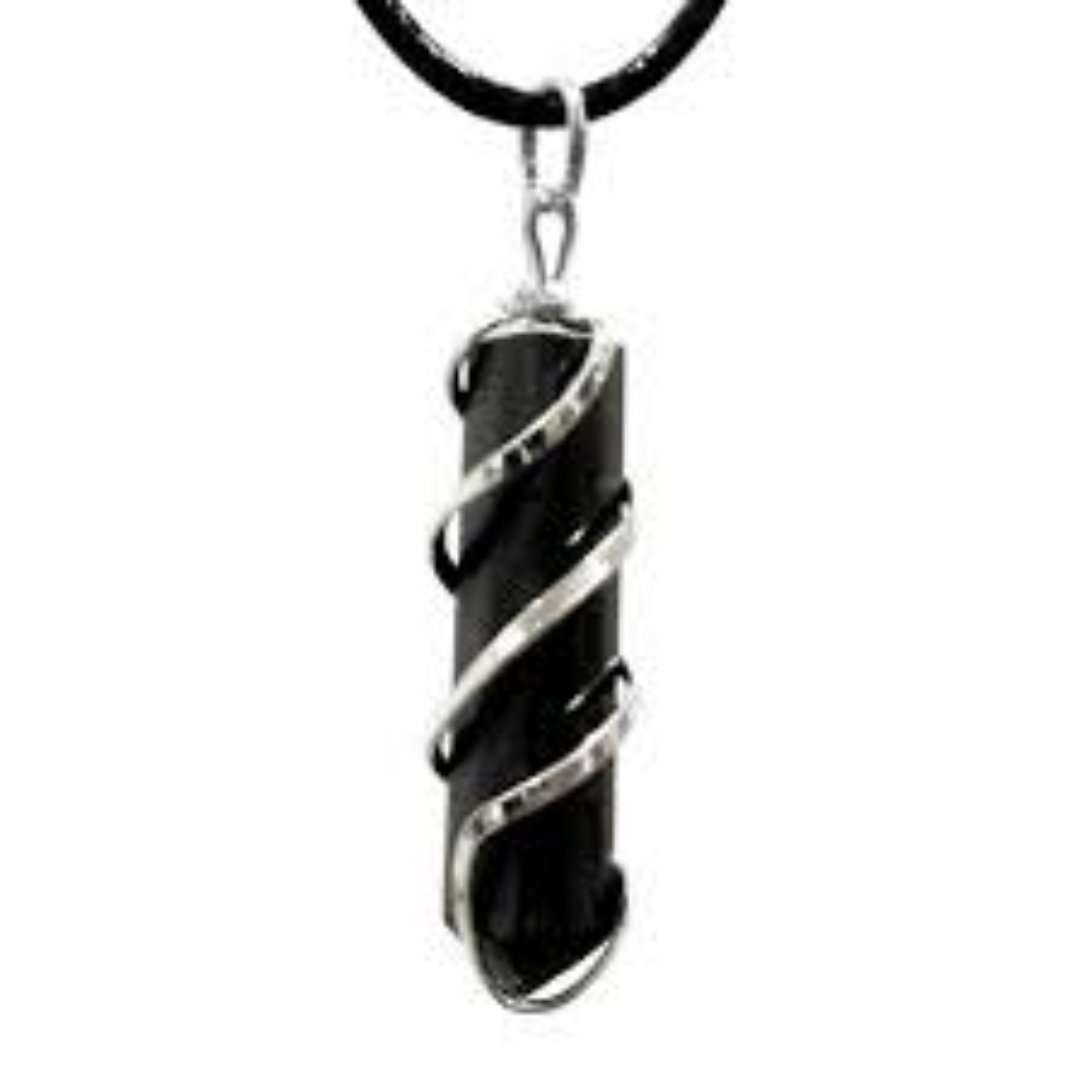 Raw Black Tourmaline with Metal spiral wrap